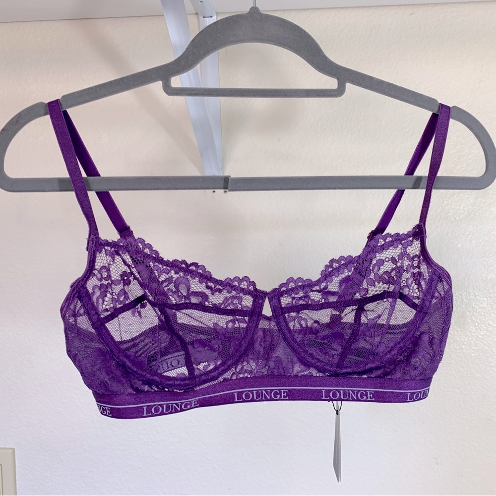 NWT Designer *Lounge Underwear* Purple Bra size 34D Sexy Sheer Lace Bralette